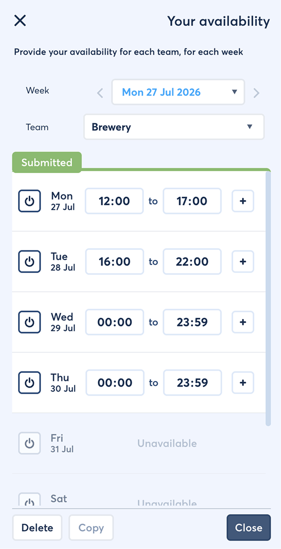 Employee availability periods entered in FlowRota