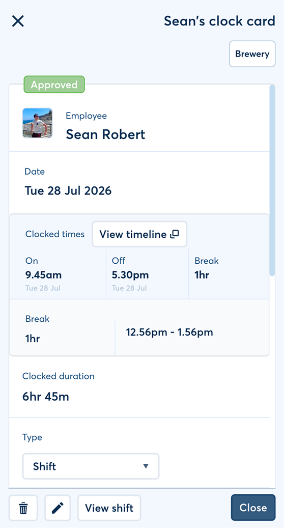 FlowRota employee clock card connected to a scheduled shift