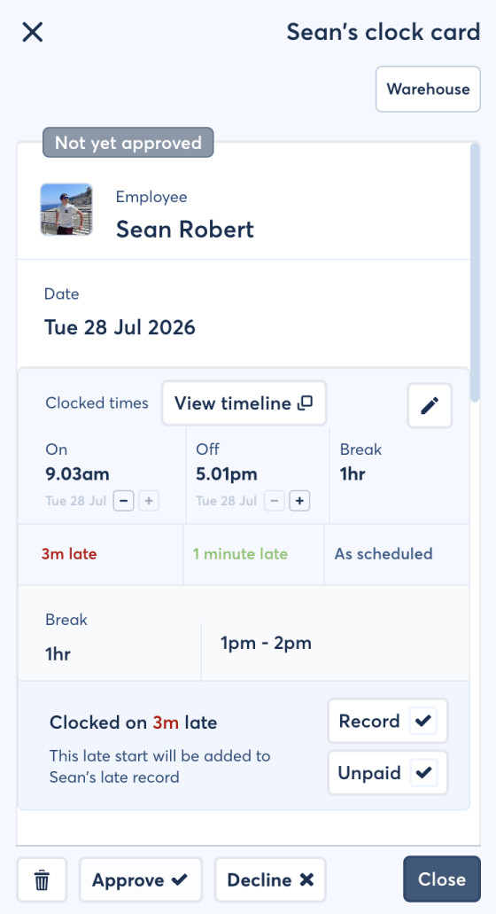 FlowRota timesheet comparing scheduled and worked hours