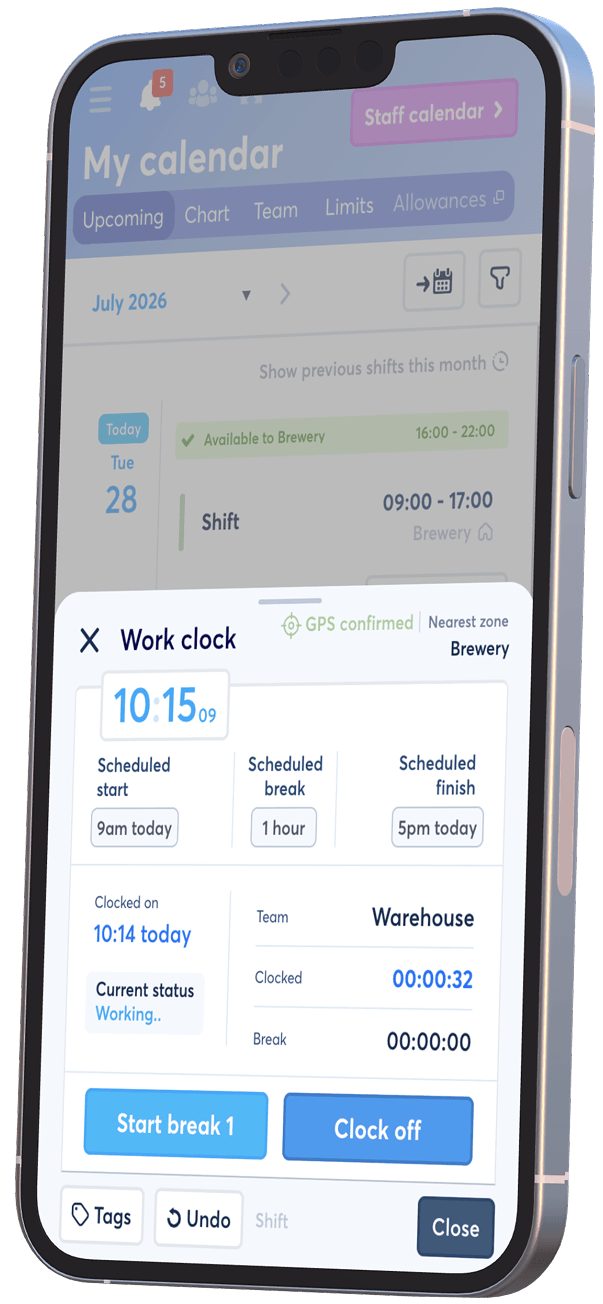 Employee GPS clock-on and clock-off details in FlowRota