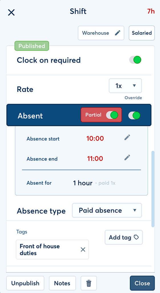 FlowRota scheduled shift with an attached absence record