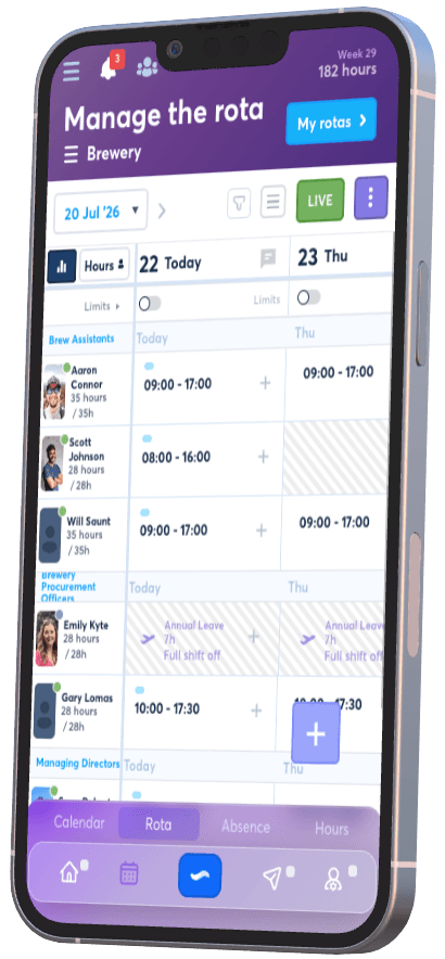 A staff rota showing approved leave and employee availability
