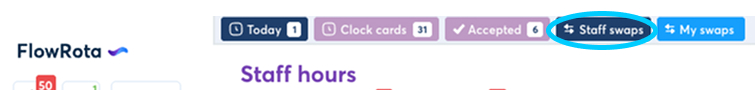 FlowRota top bar showing Staff swaps and My swaps buttons