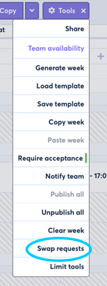 FlowRota tools dropdown showing Swap requests option