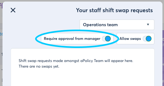 FlowRota staff shift swap settings showing allow swaps and require approval toggles
