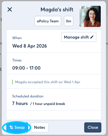 FlowRota shift modal showing Swap button