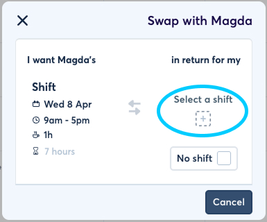 FlowRota swap request popup showing selected shift and no shift option