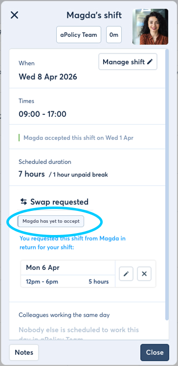 FlowRota shift modal showing swap requested status