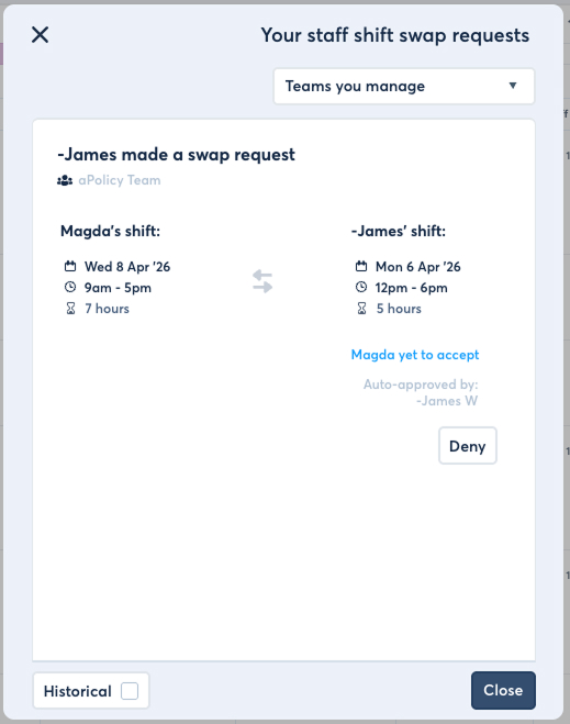 FlowRota staff shift swap requests modal for managers